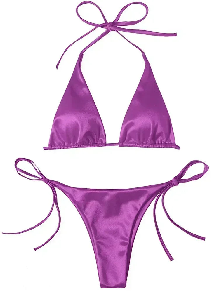 Halter Brazilian Metallic Satin Bikini Women Swimwear Female Swimsuit Two-pieces Bikini Set High Cut Bathing Suit Swim Beachwear - Matrix-studios.com