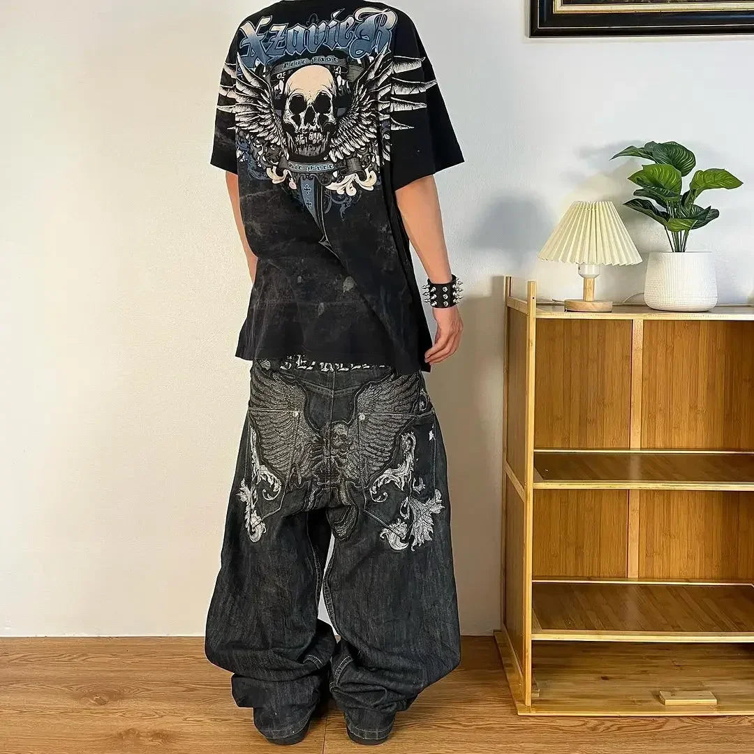 American Trend Retro Gothic Embroidery Graphics Washed Baggy Jeans Women's Y2K New Harajuku Hip-Hop Punk Rock Couple Street Wear - Matrix Studios