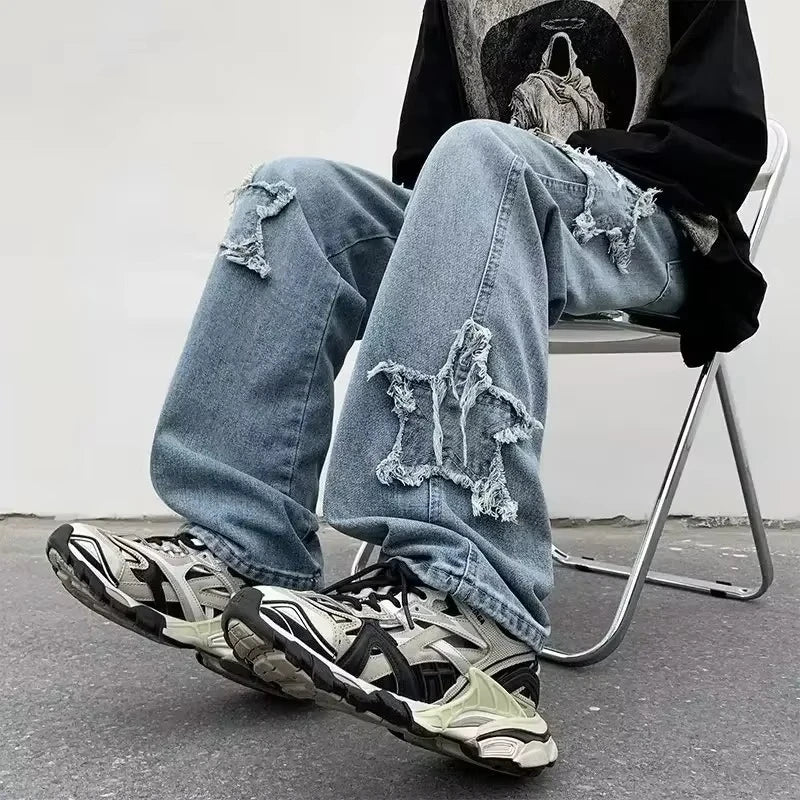 2025 New Fashion Stars Towel Embroidery Brown Men Jeans Pants Y2K Clothes Straight Hip Hop Cotton Trousers Pantalon Homme - Matrix Studios