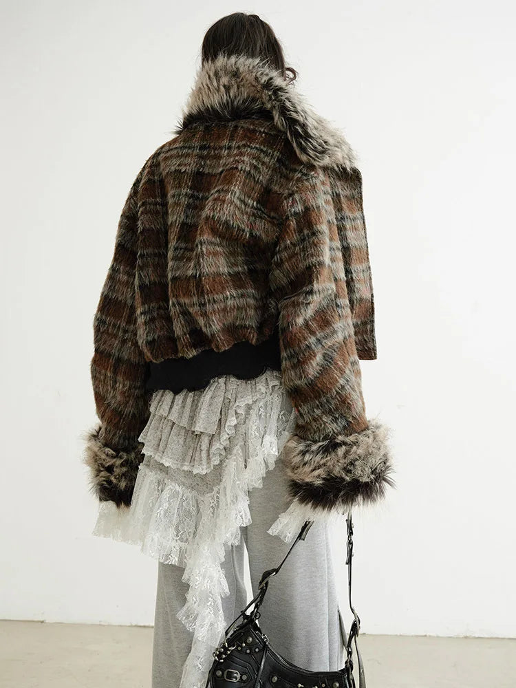 [EAM] Plaid Both Side Wear Leather Big Size Faux Fur Jacket New Lapel Long Sleeve Women Coat Fashion Autumn Winter 2026 1DH9343 - Matrix Studios