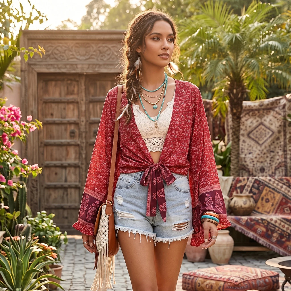 Bohemian Floral Print Rayon Kimono Holiday Tops Women Summer Ruffle Flare Sleeve Tie Front Crop Top Beach Boho Cover-ups - Matrix Studios