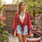Bohemian Floral Print Rayon Kimono Holiday Tops Women Summer Ruffle Flare Sleeve Tie Front Crop Top Beach Boho Cover-ups - Matrix Studios