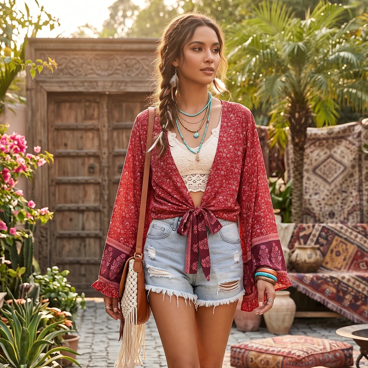 Bohemian Floral Print Rayon Kimono Holiday Tops Women Summer Ruffle Flare Sleeve Tie Front Crop Top Beach Boho Cover-ups - Matrix Studios