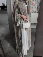 Middle Eastern Elegant Arabic Traditional Cardigan Long-Sleeved Floral Print Abaya Robe with Headscarf - Matrix-studios.com