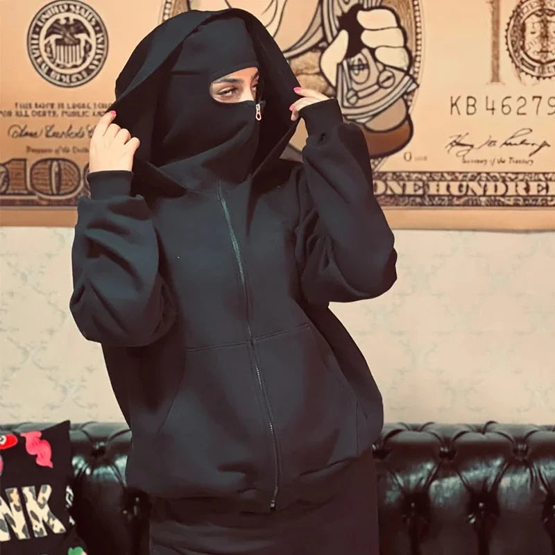 2025 Autumn Men Balaclava Y2K Gothic Harajuku Winter New Item Double Hooded Sweatshirt Men's Hooded Mask Zipper Sportswear Women - Matrix Studios
