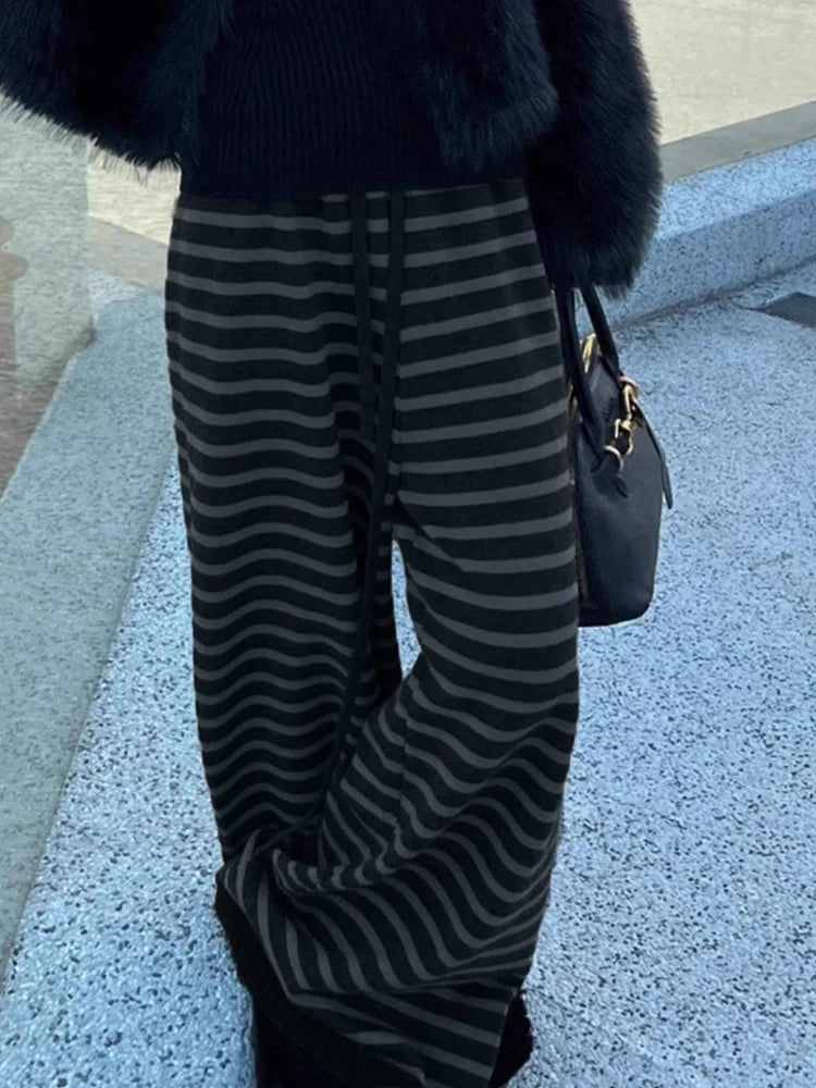 Harajuku Contrast Color Striped Women Wide Leg Pant Vintage Grunge Loose Knitted Pant Y2K American Casual Lady Straight Trousers - Matrix-studios.com