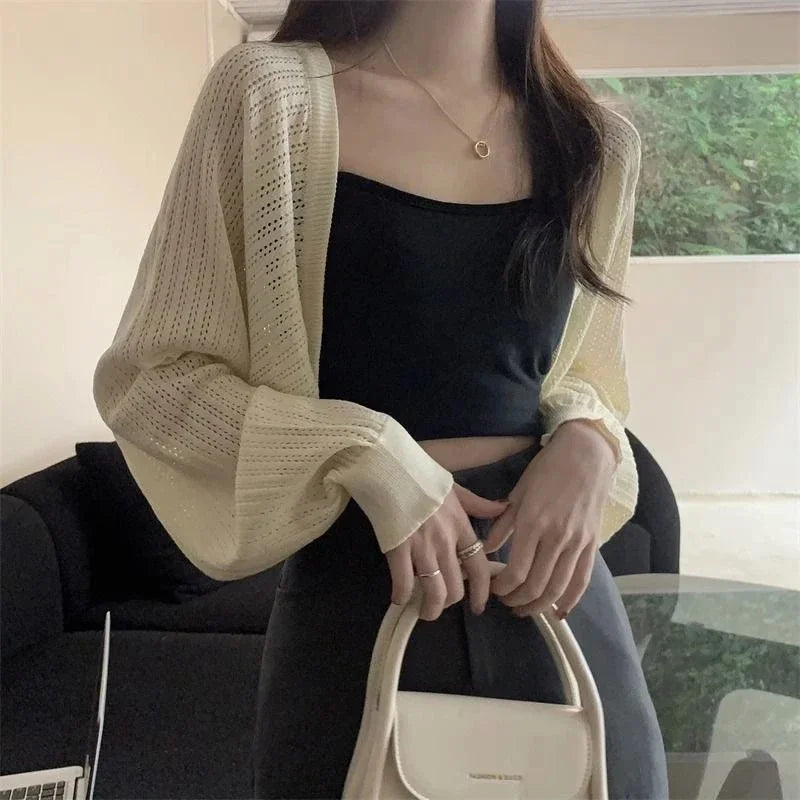 Fashion Hollow Out Sunscreen Cardigan Women Lantern Sleeve Thin Short Knitted Cardigans Woman Elegant Simple Crop Smock Top - Matrix Studios