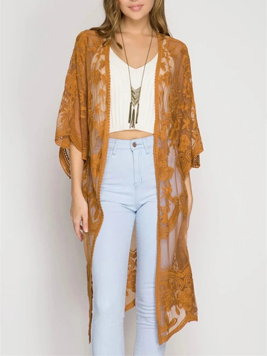 Women Beachwear Cardigan Solid Color 3/4 Sleeve See-Through Embroidery Flower Beach Dress For Women Summer Holiday Cover-Up - Matrix Studios