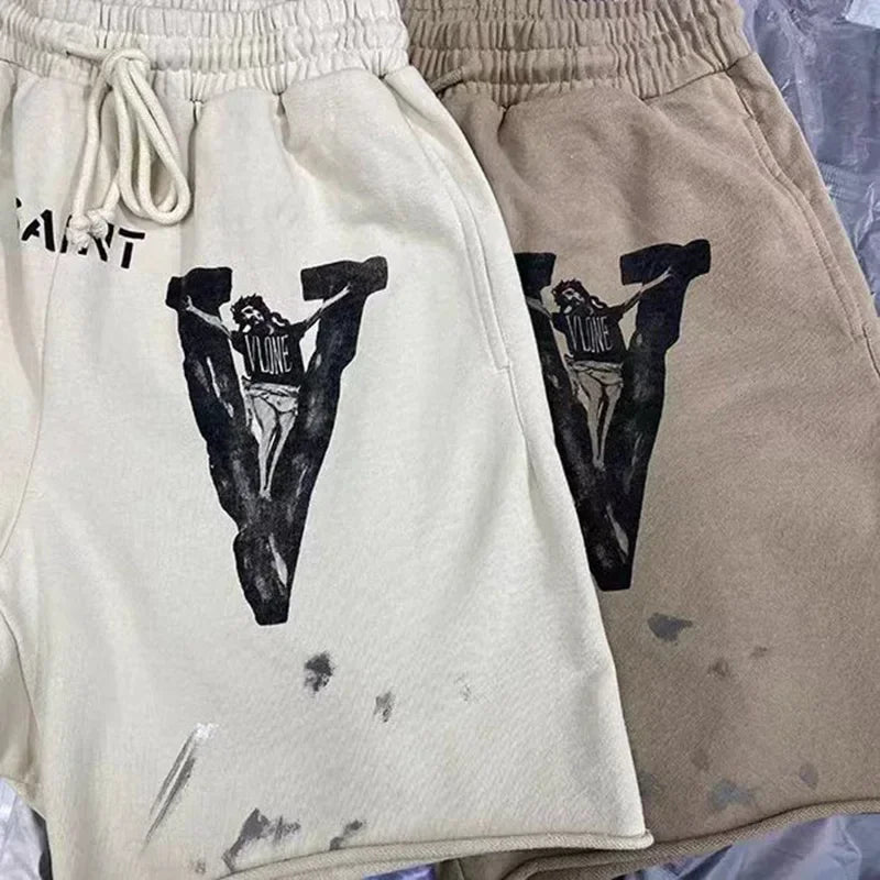 Apricot Khaki Saint Shorts Men Woman Hip Hop Heavy Fabric Vintage High Street Graffiti Good Quality Joggers