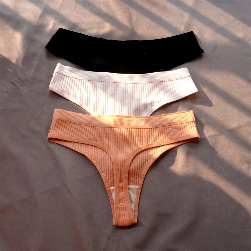 3 Pcs Seamless Ladies Ribbed Cotton Thong Simple Women's Low Waist Bikini Briefs Sports Girls Underwear Plus Size - Matrix Studios