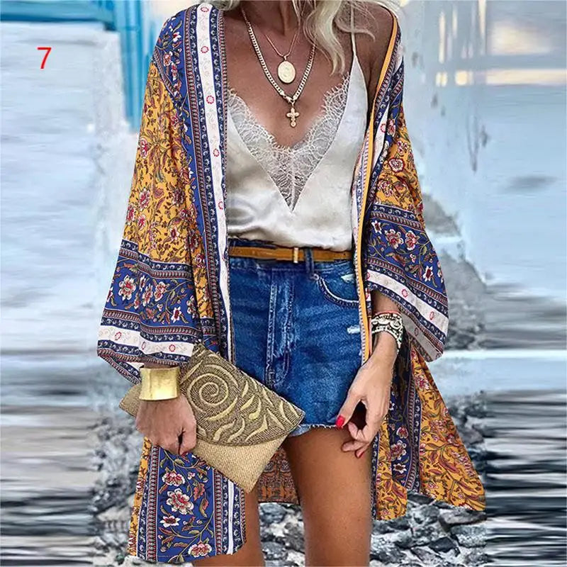 WeHello 2023 Summer Bohemian Casual Cloak Cardigan for Swimsuit woman Beach Swimwear Tops Long Sleeved Shawl Chiffon Shirt - Matrix Studios