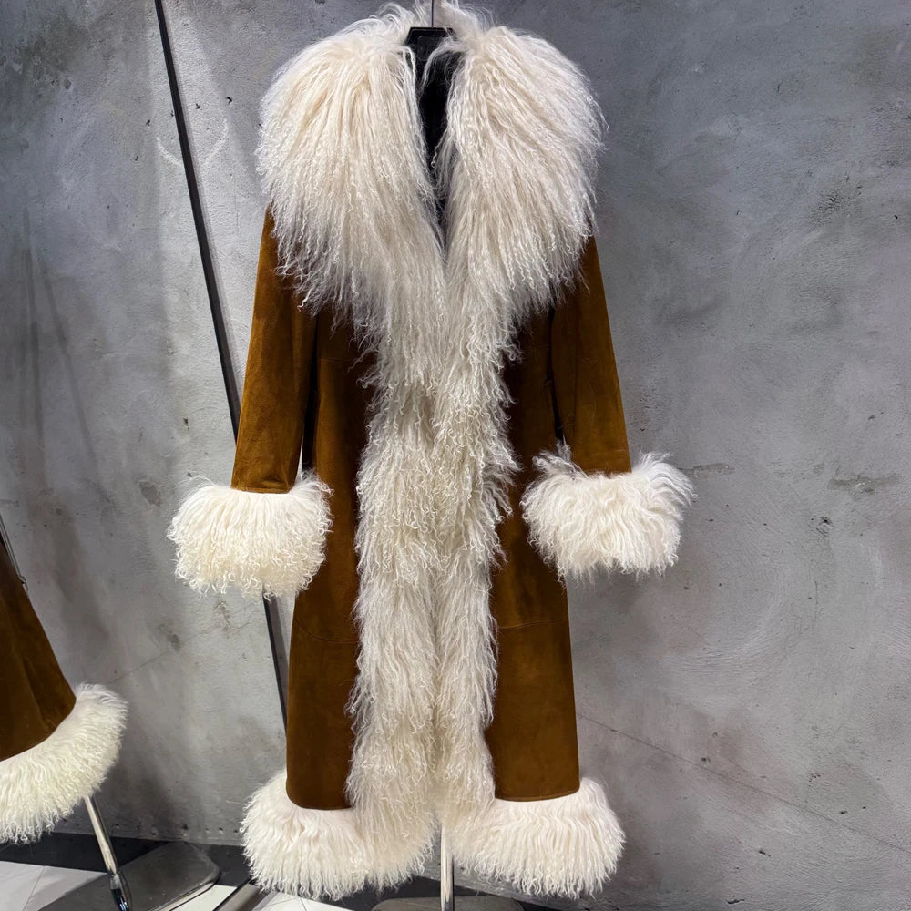 Suede Coat Fur Collar Women Autumn Genuine Sheepskin Coat Long with Mongfolian Fur Trim - Matrix Studios