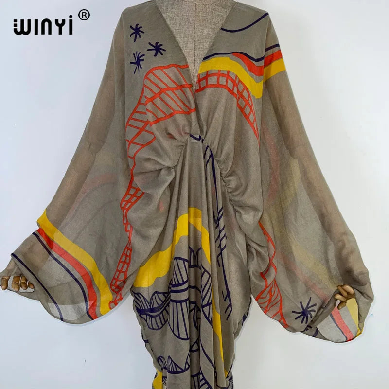 WINYI Graffiti Print Swimsuit Cover Up Women Beach Tassels Dress Sexy V-neck Dresses Summer Woman Clothes Robe Fashion Kaftan - Matrix Studios