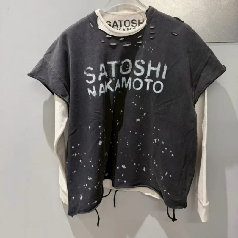 Heavy-duty Destruction Washed Black Irregular Ink Splashing SATOSHI Sleeveless T-shirt Men Women Stacked Vest Hiphop Streetwear - Matrix-studios.com