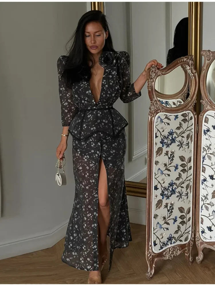Organza Floral Printed Maxi Dress V-Neck  Puff Sleeve 2026 Spring/Summer Romantic Women Party Gown Fashion Elegant Lady Vestidos - Matrix-studios.com