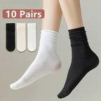 10 Pairs Kawaii Women's Ice Silk Socks - Medium Tube Solid Color Stacked Style, Breathable & Soft Casual Socks - Matrix Studios