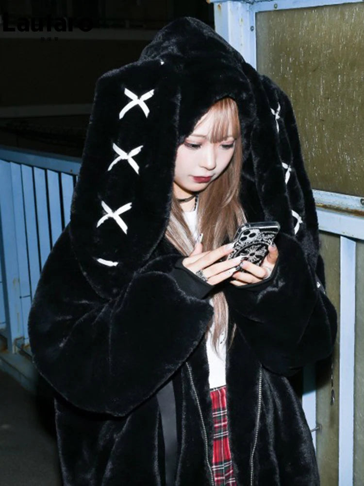 Lautaro Autumn Oversized Sweet Cute Soft Purple Black Faux Fur Coat Women with Bunny Ears Kawaii Loose Fluffy Jacket Hoodie 2023 - Matrix Studios