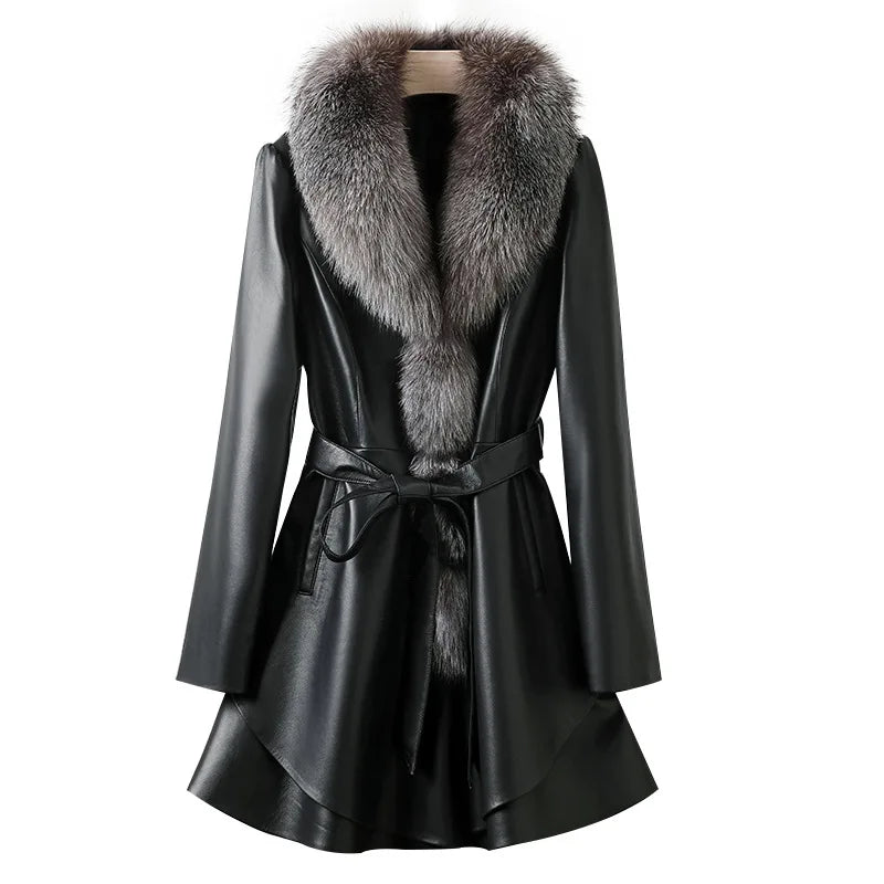 2025 New Style Women's Mid-Length Sheepskin Coat with Silver-Blue Fox Fur Collar SU01 - Matrix Studios