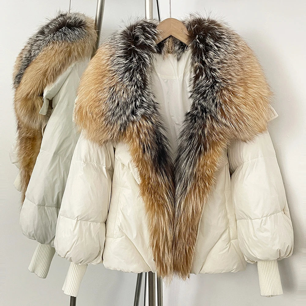 OFTBUY New Winter Large Real Fox Raccoon Fur Puffer Coat Women Oversized Feather Down Parka Knit Sleeve Duck Down Jacket Female - Matrix Studios