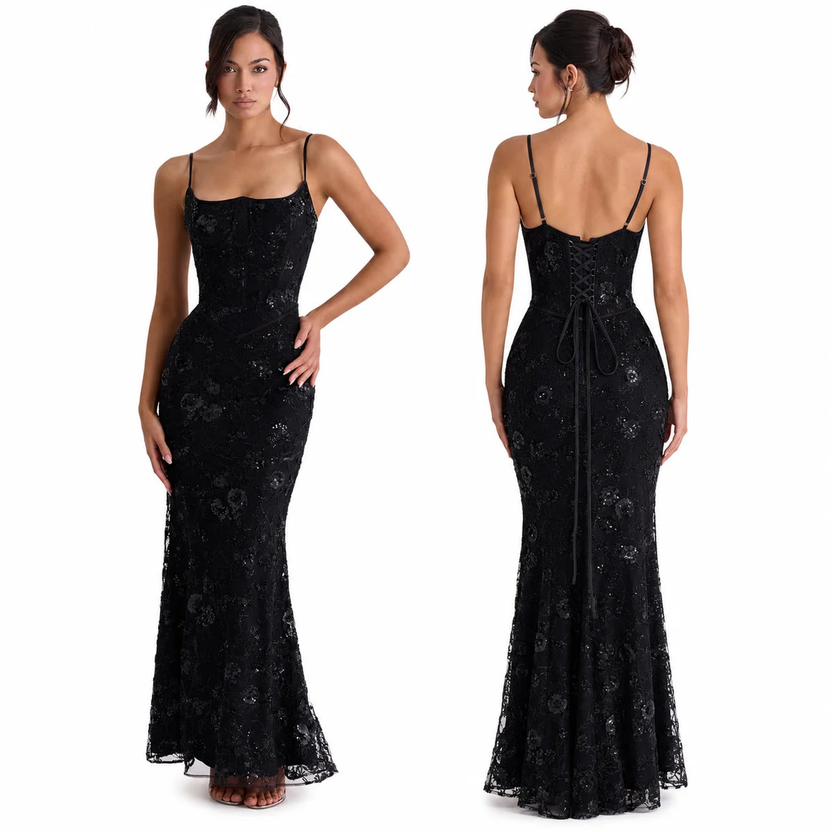 Women Floral Embroidery Sequin Mermaid Prom Dress, Spaghetti Strap Corset Bodycon Long Evening Gown for Wedding Guest Formal Party - Matrix-studios.com