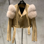 Leather Jacket Factory Ladies Short Leather Jacket Real Fox Fur Sleeve Coat Women Autumn 21001 - Matrix Studios