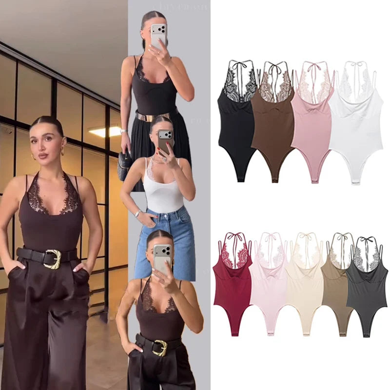 Women's Bodysuit 2026 New Fashion Summer Black Spliced Lace Bodysuit for Women Elegant Chic Personality Spaghetti Strap Bodysuit - Matrix Studios