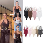 Women's Bodysuit 2026 New Fashion Summer Black Spliced Lace Bodysuit for Women Elegant Chic Personality Spaghetti Strap Bodysuit - Matrix Studios
