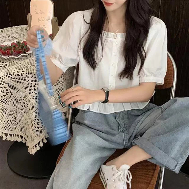 Korean Summer Ruffle Elegant Chiffon Cool Blouse Women Youthful Cute Cropped Tops Chic Short sleeve Feminine Shirt - Matrix-studios.com