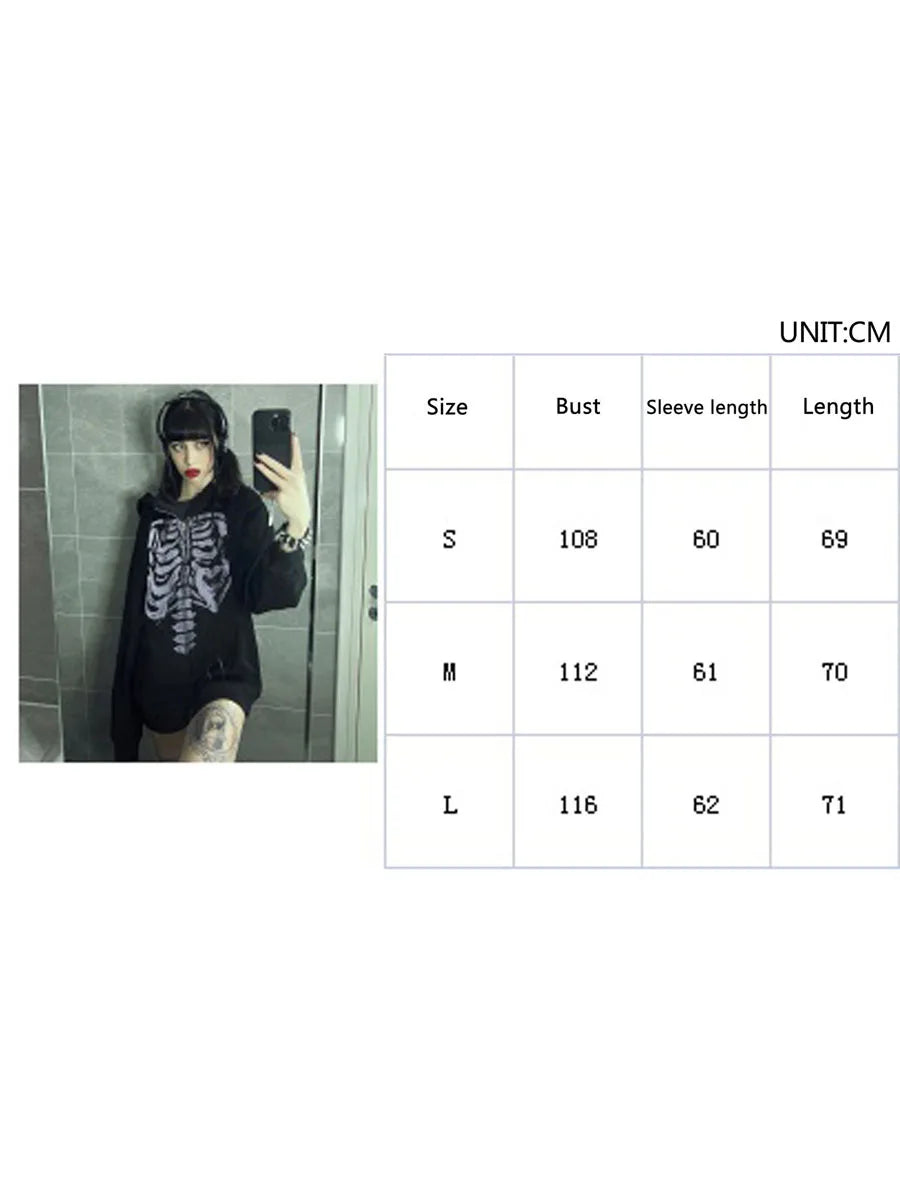 Halloween Women Spring Autumn Casual Hooded Coat Long Sleeve Skull Print Zipper Hoodie Grunge Long Sleeve Top Gothic Sweatshirt - Matrix Studios
