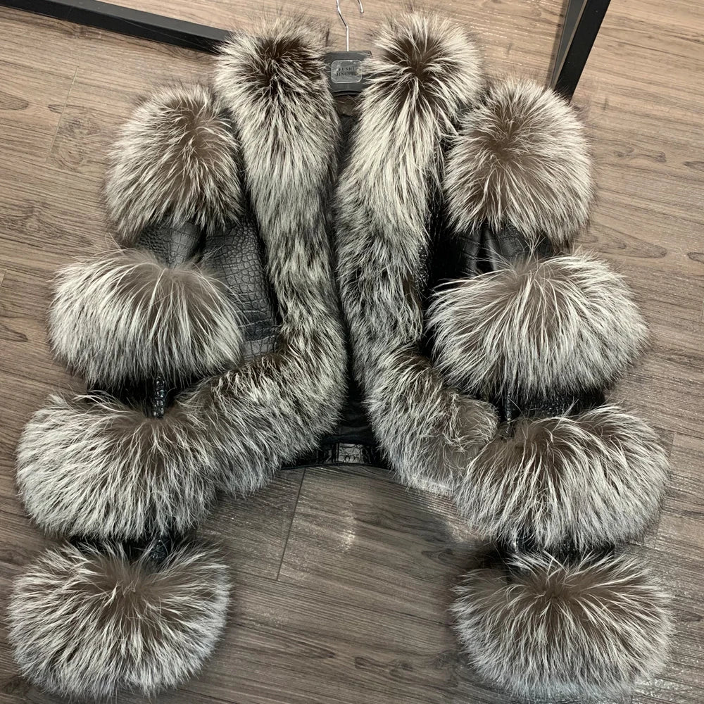 Fur Bomber Ladies New Fashion Jacket Crocdile Sheep Leather With Natural Fur 3573 - Matrix Studios