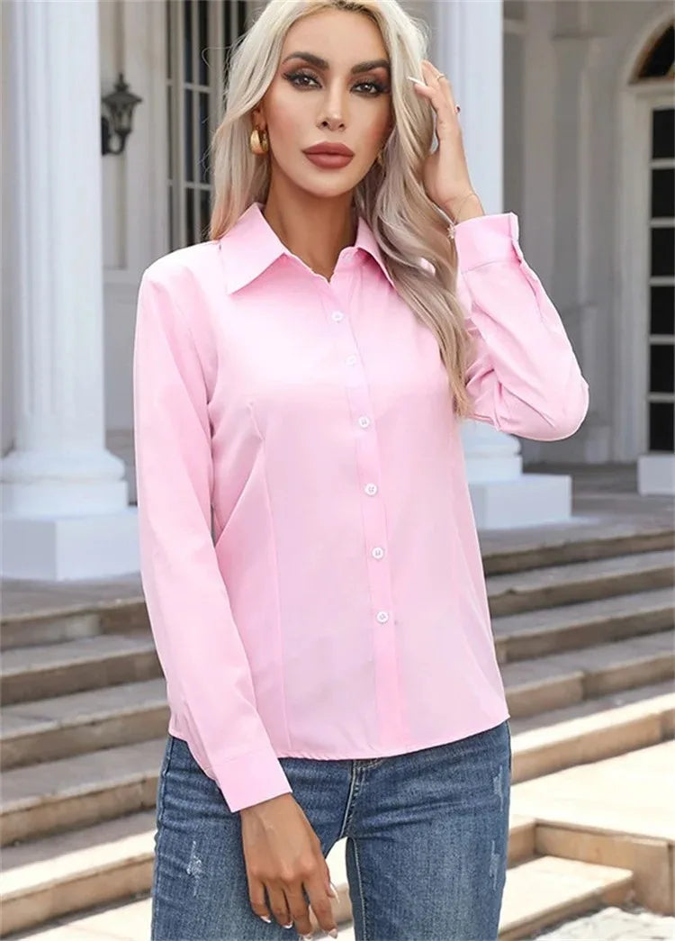 Women Spring Autumn Style Blouses Shirts Lady Casual Long Sleeve Turn-down Collar Solid Color Blouse Tops - Matrix-studios.com