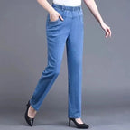 Middle aged elderly Women's Jeans Embroidered Pockets Elastic waist Mom Pants Casual Denim Straight leg Trousers 2025 New Spring - Matrix-studios.com