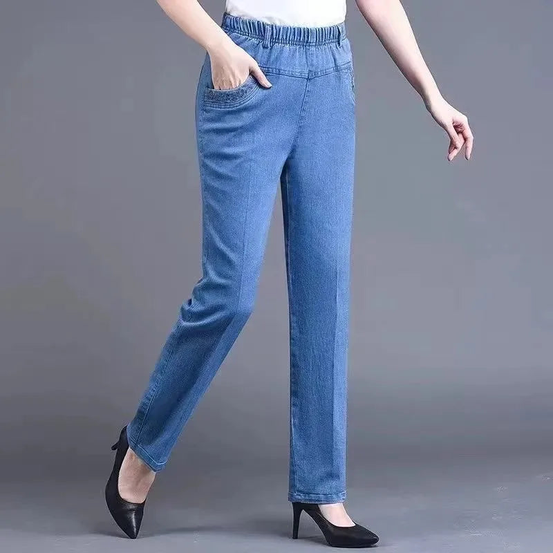 Middle aged elderly Women's Jeans Embroidered Pockets Elastic waist Mom Pants Casual Denim Straight leg Trousers 2025 New Spring - Matrix-studios.com