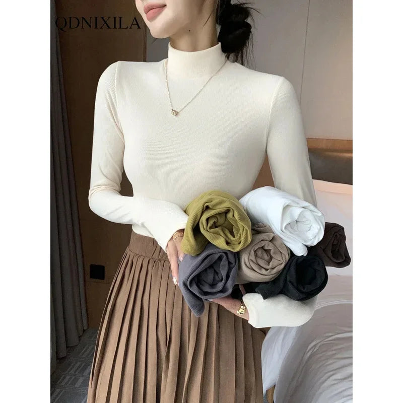 2025 New Knitted Half-turtleneck Pullovers Women Bottom Shirts Sweater Jumper Elegant Korean Fashion Long-sleeved Tops Knitwear - Matrix Studios