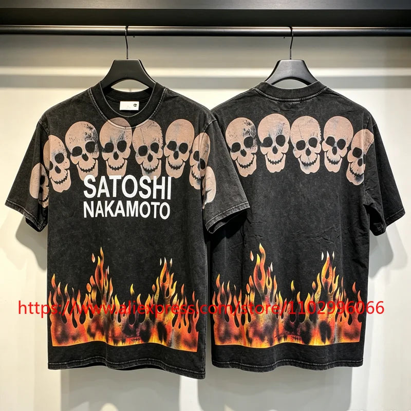 Y2K Gothic Skull Flame Graphic Tee Satoshi Nakamoto Letter Print Oversized Washed Black Men Casual Street T-Shirts - Matrix-studios.com