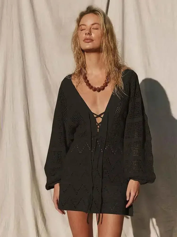Sexy Deep V-neck Lace-up Bell Sleeve Knit Mesh Hollow Out Beach Mini Dress 2026 Summer Swimsuit Cover Up Women Casual Tunic K14 - Matrix Studios