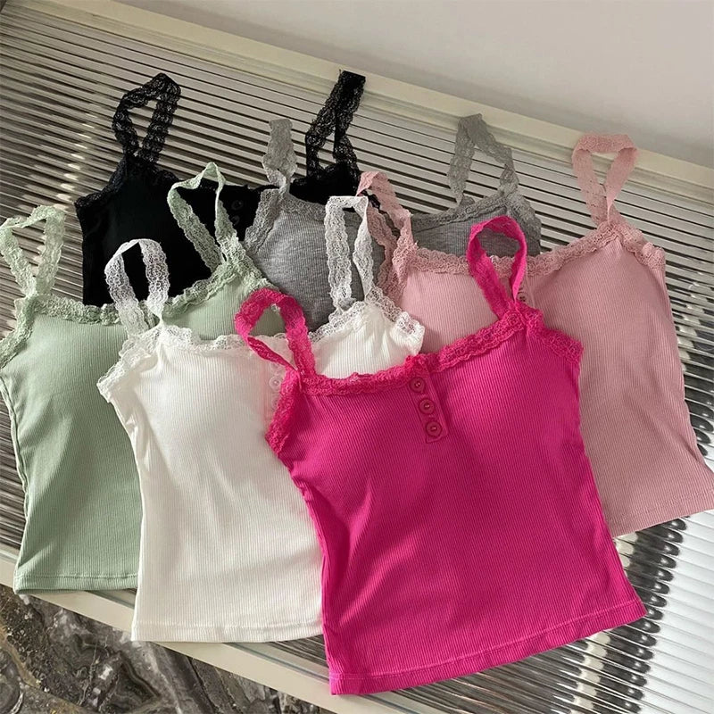 Summer Lace Strap Patchwork Camisole Women Solid Color Sleeveless Buttons Tank Top - Matrix-studios.com