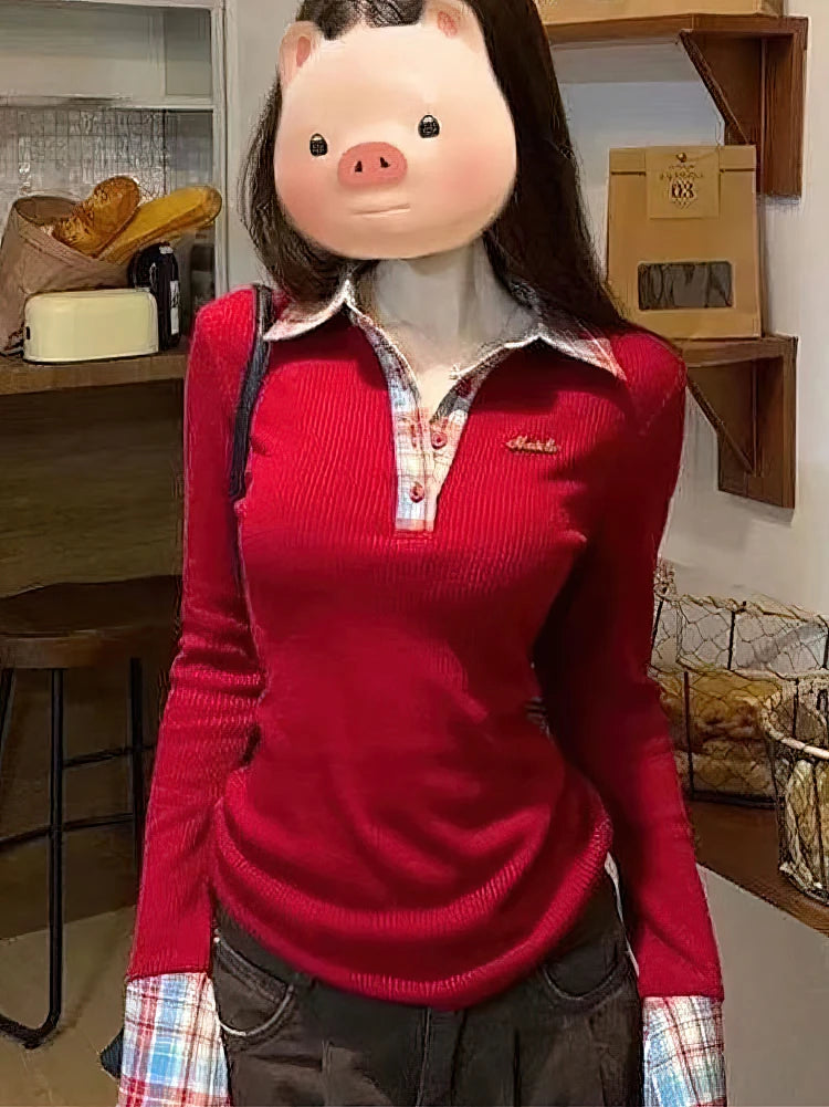 Preppy Polo Neck Plaid Long Sleeve Layered T Shirt Women Fake Two-piece Basic Top V Neck Button Blouses Tees Embroidery - Matrix-studios.com