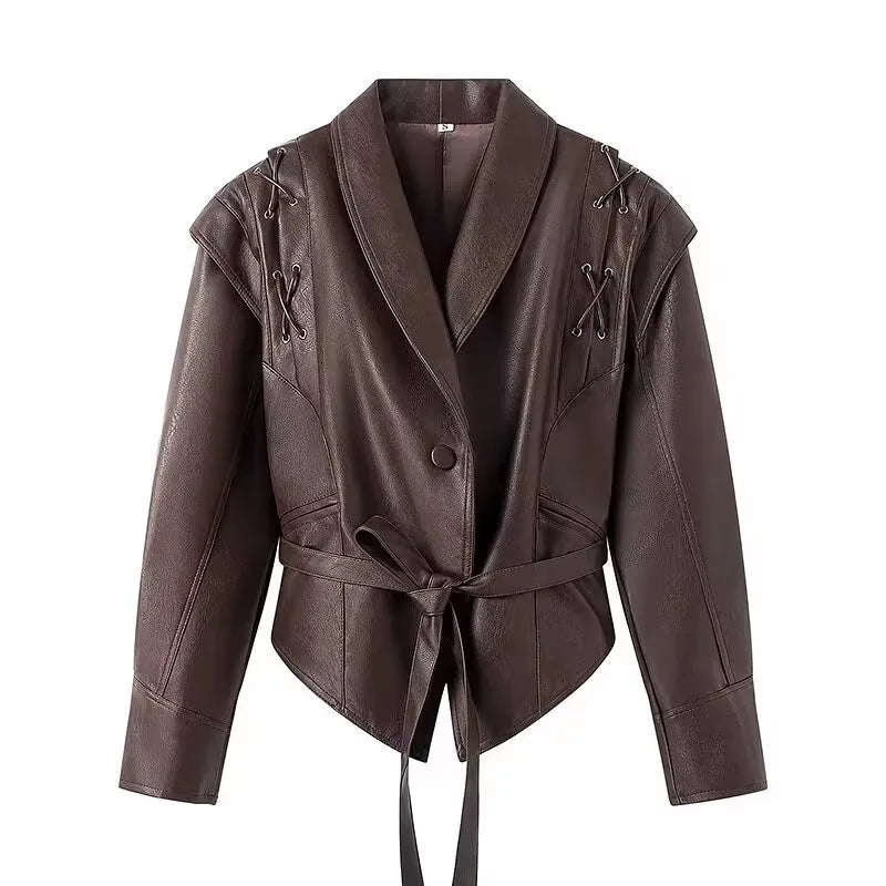 Mauroicardi Spring Autumn Short Retro Brown Pu Leather Jacket Women Sashes Lace Up Luxury Designer Emo Clothes European Fashion - Matrix Studios