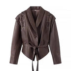 Mauroicardi Spring Autumn Short Retro Brown Pu Leather Jacket Women Sashes Lace Up Luxury Designer Emo Clothes European Fashion - Matrix Studios