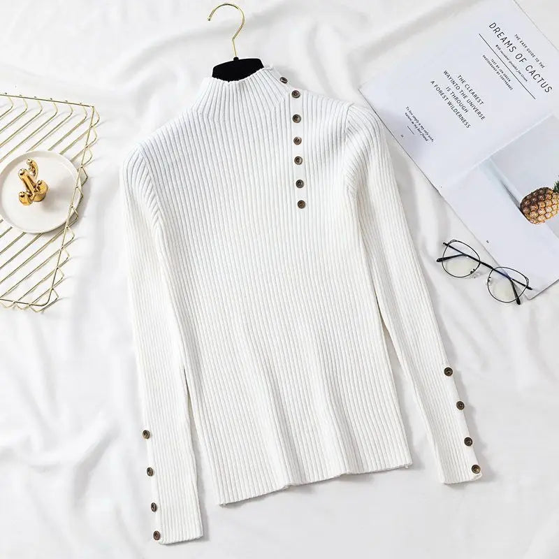 2026 Autumn Knitted Turtleneck Sweaters Women Solid Knitted Female Cotton Soft Elastic Color Slim Pullovers Button Full Sleeve - Matrix Studios