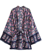 Multi Floral Print Sashes Kimono Women V Neck Batwing Sleeves Happie Bohemian Short Robe  Beach Boho Bikini Cover-ups - Matrix Studios