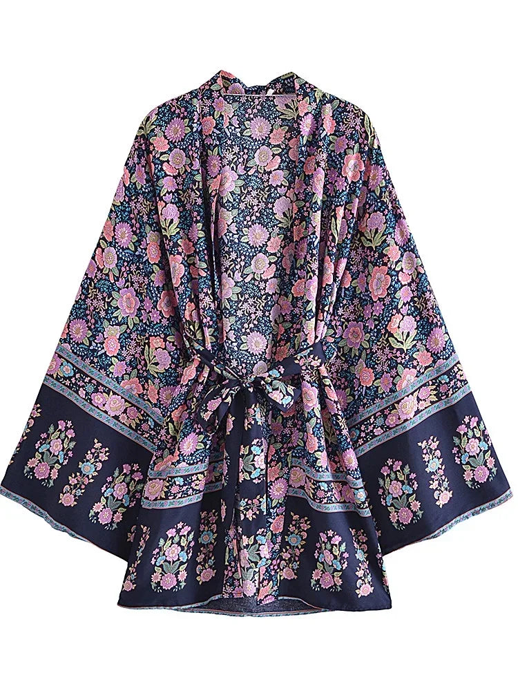 Multi Floral Print Sashes Kimono Women V Neck Batwing Sleeves Happie Bohemian Short Robe  Beach Boho Bikini Cover-ups - Matrix Studios