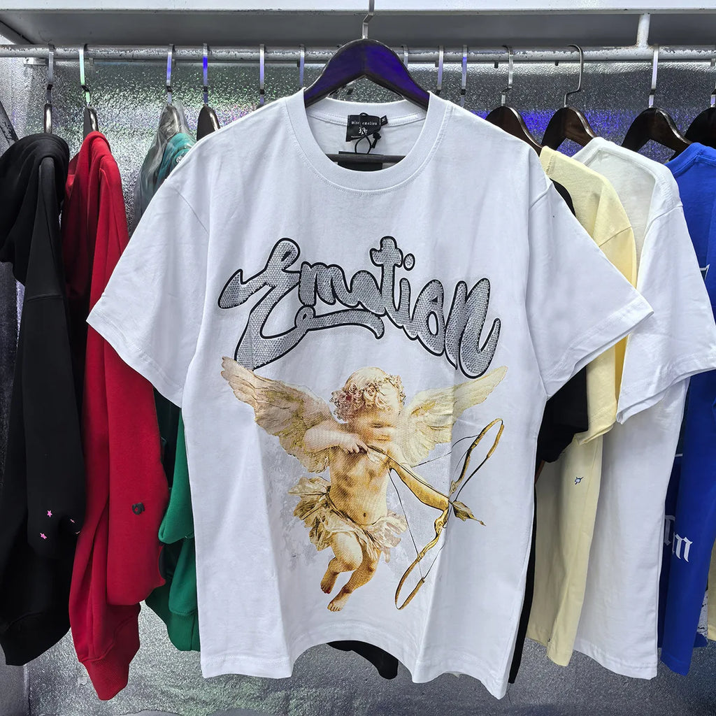 MIXED EMOTION Shirt Rhinestone Short Sleeve Men Women T-shirt Streetwear 100% Cotton Loose Round Neck Top Tees Oversized Tee Top - Matrix Studios