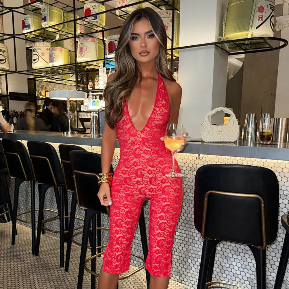 Avrilyaan Lace Seven-Point Long Pants Bodycon Sexy Party Deep V Playsuits Women Rompers Womens Jumpsuit 2025 Summer Overalls - Matrix Studios