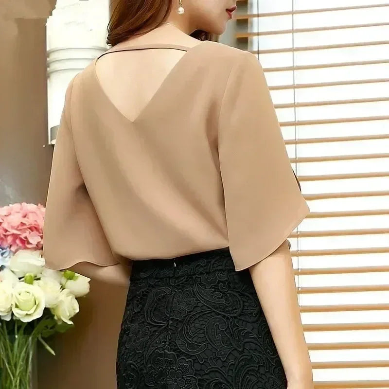 Women Chiffon Short Sleeve Shirt Sexy V-neck Loose Ruffled Chiffon Blouse. - Matrix-studios.com