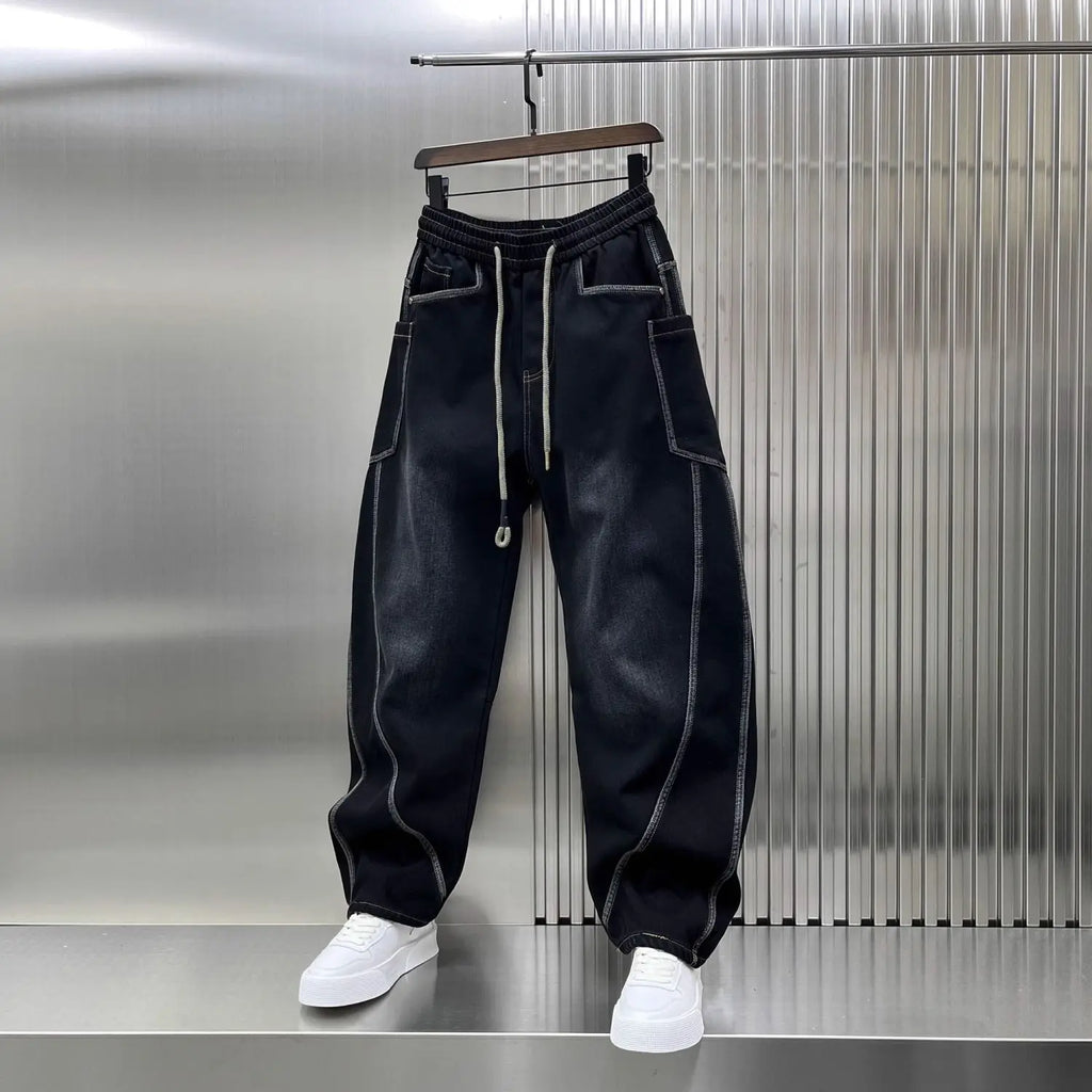 Spring Autumn 2025 New Splicing Cutting Elastic Waist Large Size Boys Washed Loose Wide Leg Big Pocket Scimitar Drawstring Jeans - Matrix Studios