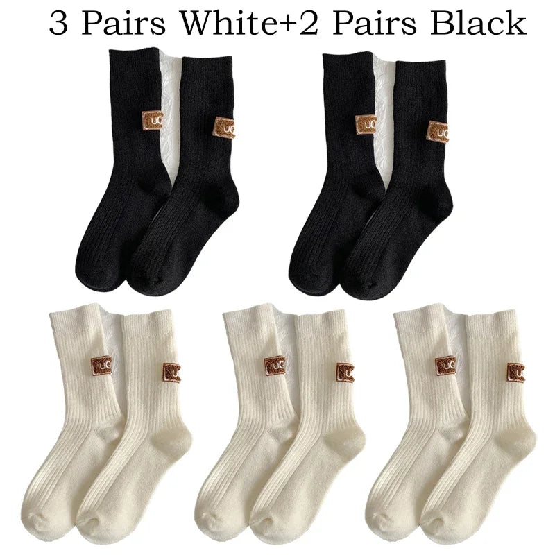 5/10 Pairs Socks Women Luxury Designer Cashmere Wool Sock Solid Warm Thick Pile Embroidered Logo Mid-Calf female Snow Boot Socks - Matrix Studios