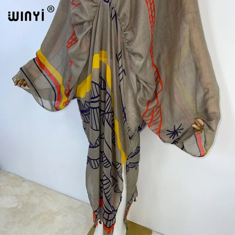 WINYI Graffiti Print Swimsuit Cover Up Women Beach Tassels Dress Sexy V-neck Dresses Summer Woman Clothes Robe Fashion Kaftan - Matrix Studios
