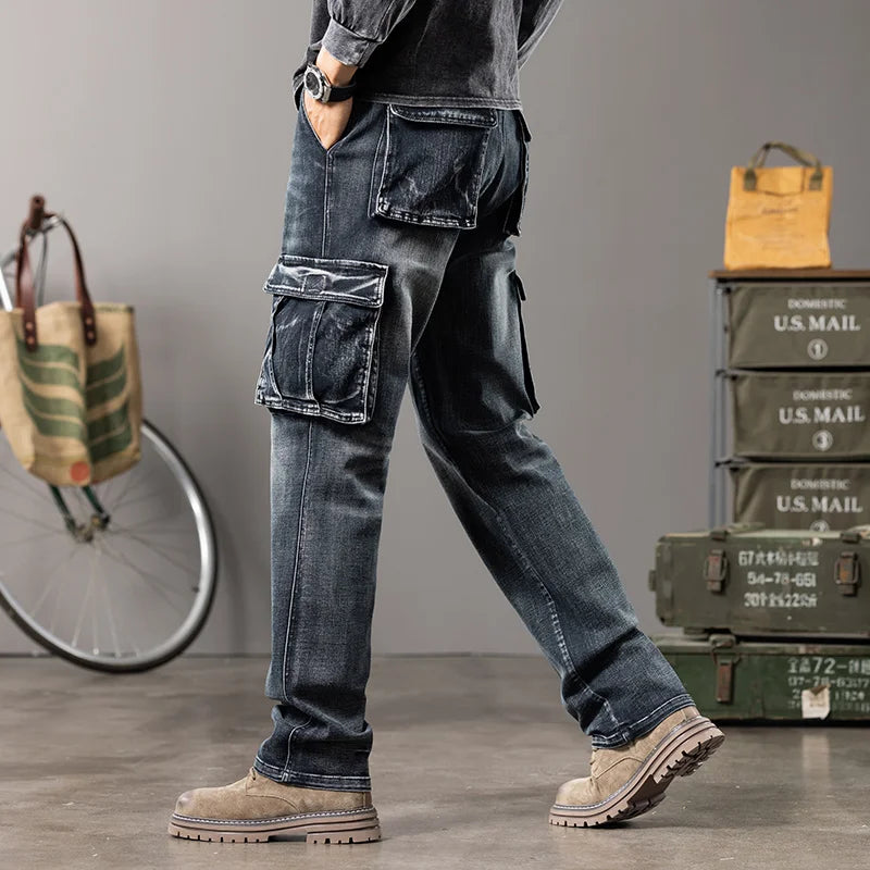 Autumn and winter new styles Men's Outdoor Wide Leg Workwear Multi-Pocket Jeans Straight fit plus size men's jeans  42 44 - Matrix Studios